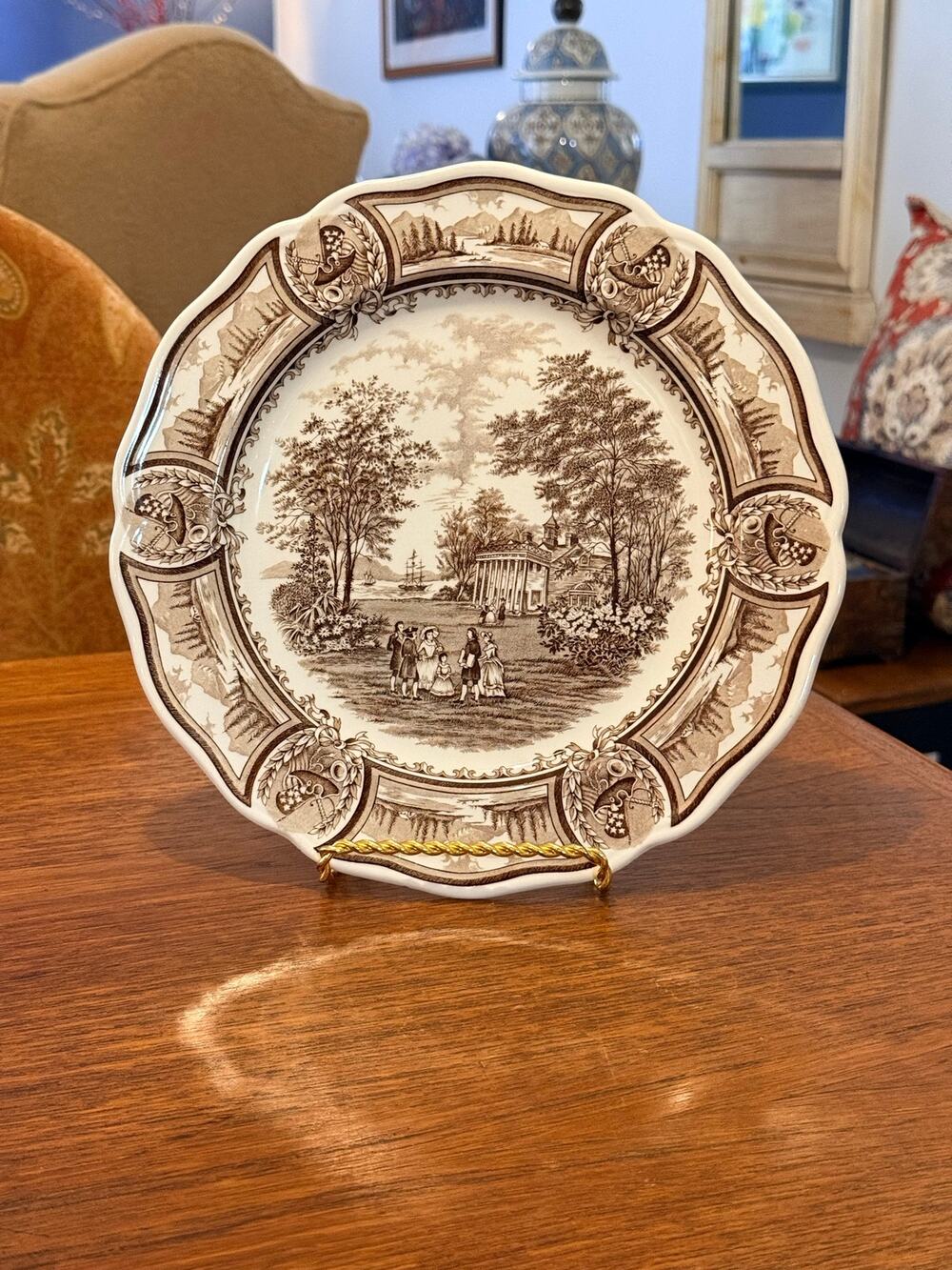 J&G Meakin Americana Ironstone Dinner Plate Brown Transferware Style House 10"